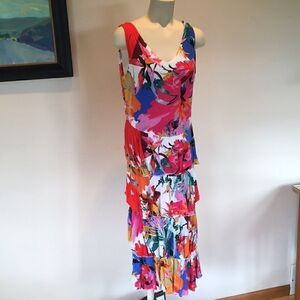 Cupio Tee shirt sleeveless ruffle midi dress Floral Pink Blue Yellow Tangerine M